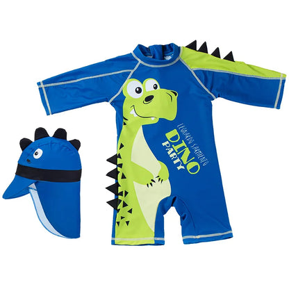 Baby Swimsuit One-Piece Bathing Suit Boy with Sun Cap UPF50 UV Protection Long Sleeve Dinosaur Children's Swimwear for Toddlers