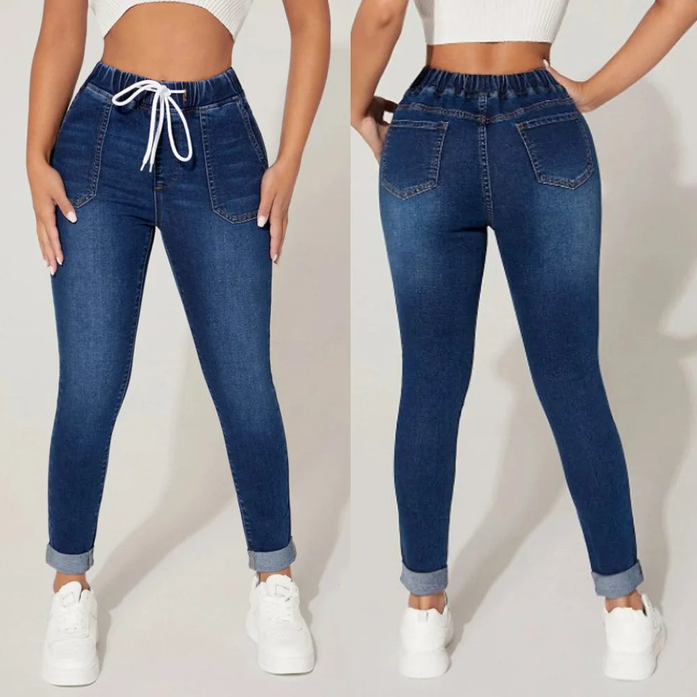 Autumn and Winter Women's High Stretch Elastic Waist Drawstring Jeans Fashion Skinny Slim Ankle-Length Denim Pencil Pants