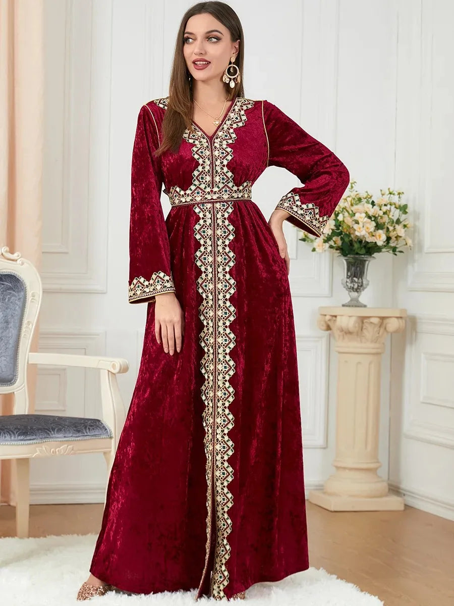 Dubai Velvet Muslim Dress Women Kimono Jubah Long Robe Abaya Hijab Dresses Islamic Clothing Turkey Arabic Dress Moroccan Kaftan