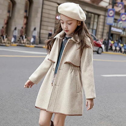 Winter Beige Thick Long Jackets Little Kid's Girls Coat Breasted Woolen Overcoat Cotton Trench Jackets Teenage Girl Coat 2-16Y