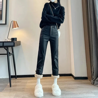 Plus Velvet Straight Black Leather Pants Women's Autumn Winter High Waist Loose Pantalones Splicing Lambswool Pu Leather Pants