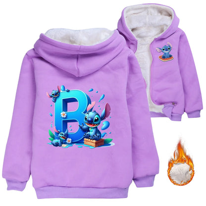 Kid Baby Boy Girl Coat Autumn Winter Long Sleeve Plush Hoodies Cartoon Stitch Print Children Sweatshirt Clothes Thick Top Outfit