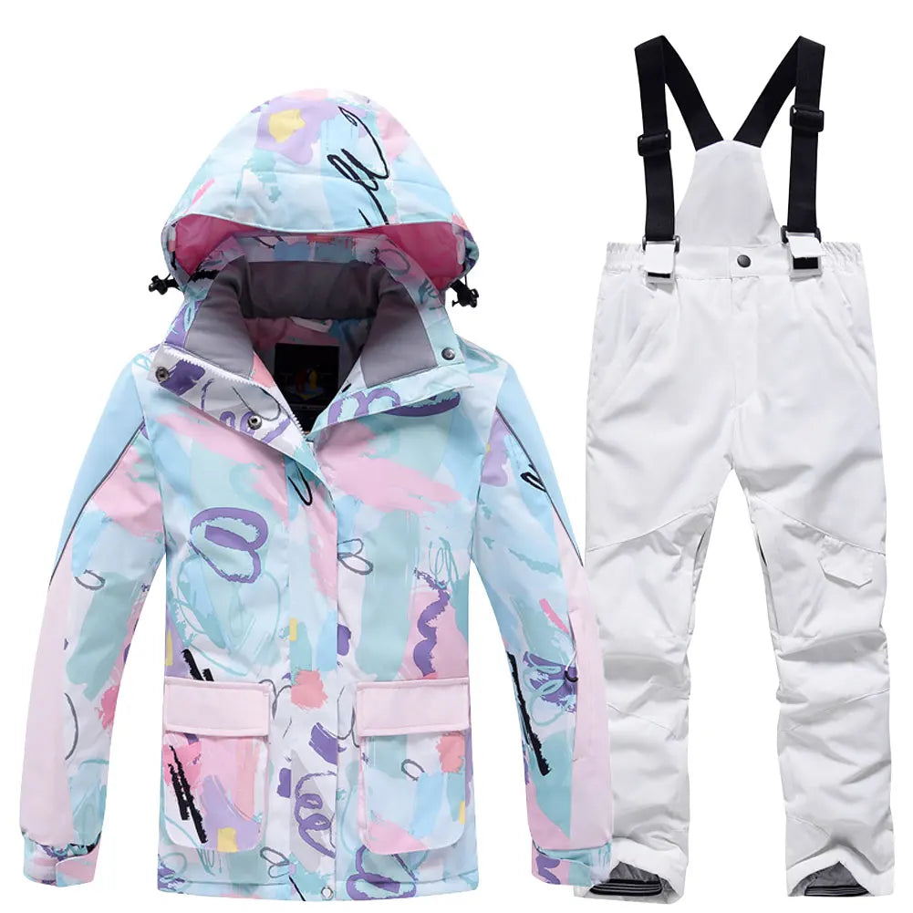 Fashion Printed Skiing Jacket + Bib Pants Snowsuits 2-Piece Boys Girls Hooded Winter Warm Windproof Snowboarding Wear