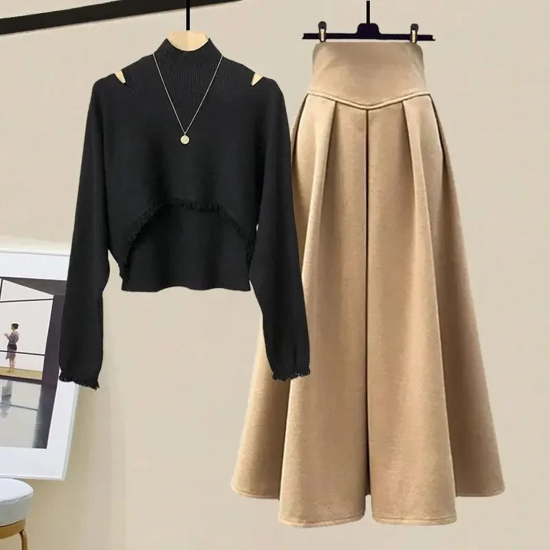 2025 Spring Autumn New Korean Elegant Knit Tassel Cover Up+Half High Collar Bottom Sweater+Midi Skirt 3 Piece Women Dress Suit