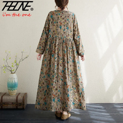 Dresses for Women Autumn Winter Maxi Long Sleeve Vestidos Largos Feminino Robe Boho Casual Floral Loose Cotton Linen