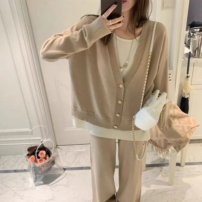 Knit Suit Two Piece Set New Fall Spring Elegant Solid Color Casual  Loose Long Sleeve High Waist Wide Leg Pants Set Outfits