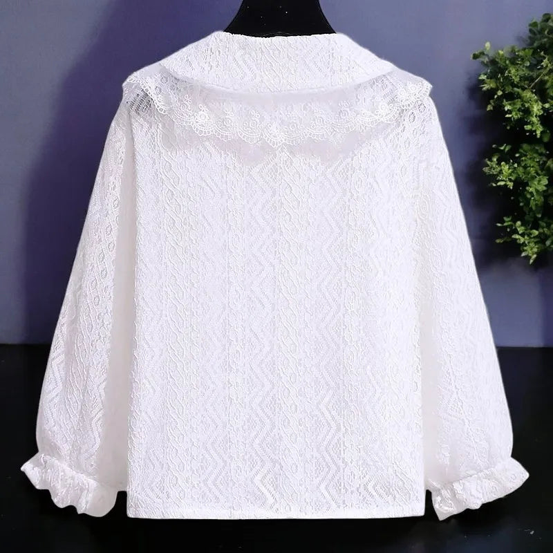 Girls White Lace Blouses for Children Baby Shirt Top Spring & Autumn Kids Full Sleeve White England Style Shirt  Clothes 2-8Y