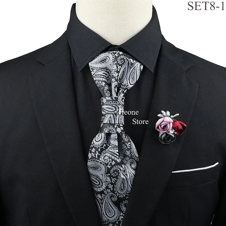 New Men's Premium Paisley Tie Brooch Set Red Black Blue Ajustable Neck Tie Luxury Classic Suit Tuxedo Groom Wedding Accessories