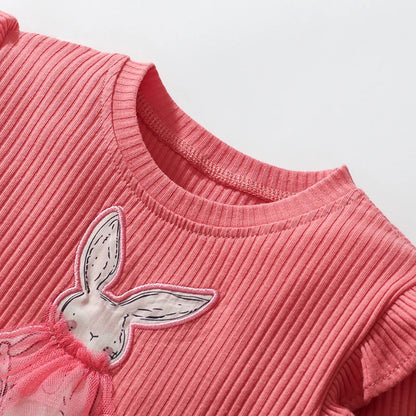 Little maven Baby Girls Kids Clothes Children's Clothing 2025 Autumn Cotton Cartoon Long Sleeves Rabbits Mesh Dresses 2-7 year