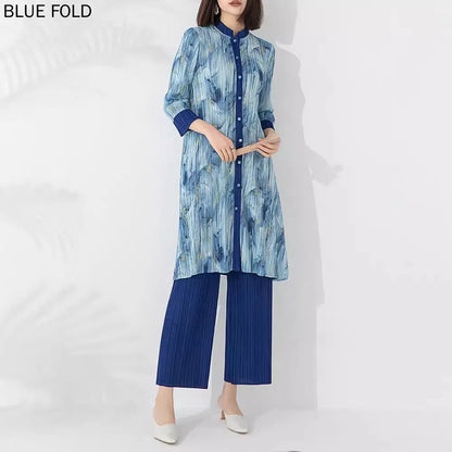 MIYAKE Pleated Autumn Fashion Suit Women Printed Mid-length Stand-up Collar Single-breasted Top Straight Pants Two-piece Set