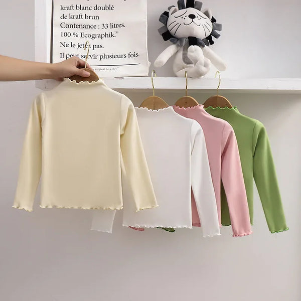 Autumn Winter Fashion Girl Long Sleeve T-Shirt with Ruffle Edges for Kids Soft and Warm Solid Color Children Casual Clothes Tops