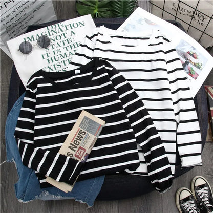 Women Loose Round Collar Autumn Stripes Print Loose Long Sleeve Casual Simple Wild T-Shirt