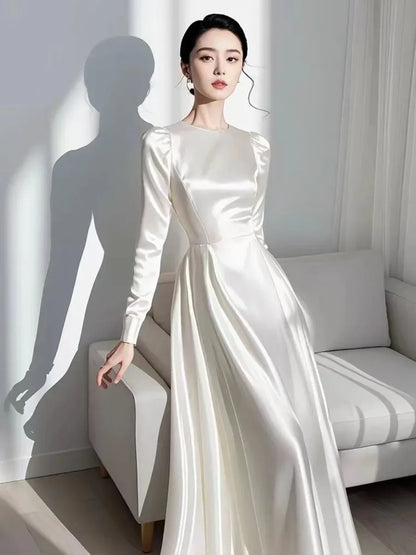 Autumn Elegant Satin Women's Long Sleeve Dress Round Neck White French Midi Skirt Women's A-Line Evening dresses N1013-1