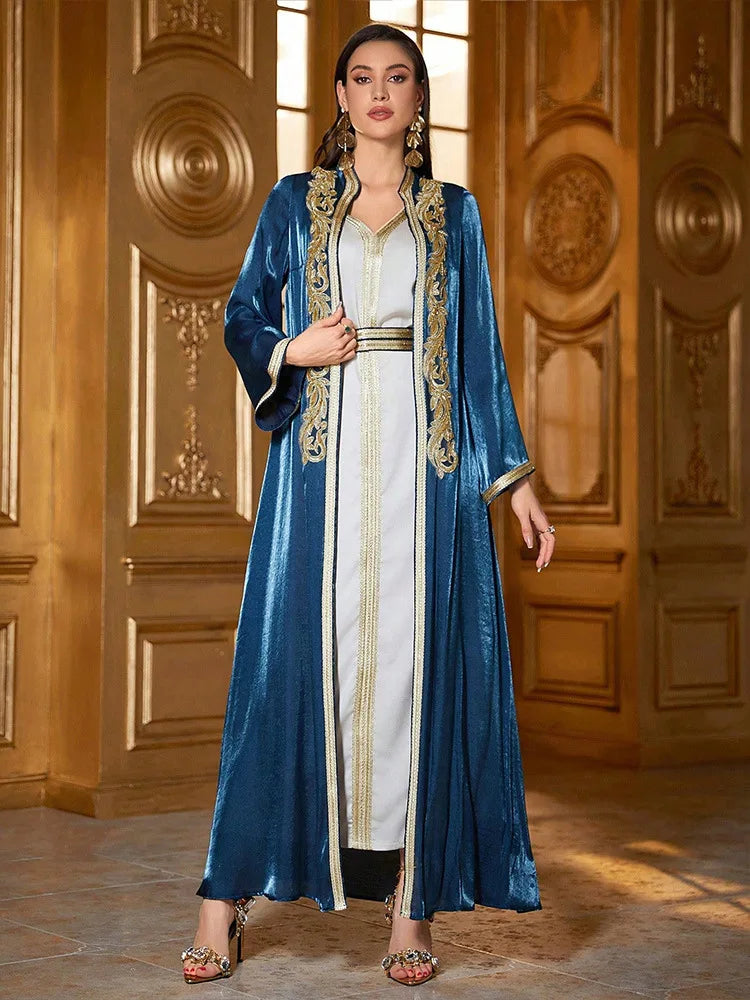 Middle East Autumn Winter Embroidery Abayas Muslim Women 2 Piece Dress Set Marocain Femme Caftan Kimono Jalabiya Kaftan Dubai