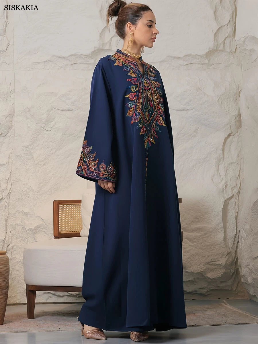 Siskakia Embroidery V-Neck Long Dress Dubai Arab Abaya For Muslim Woman Loose Moroccan Saudi Ethnic Jalabiya