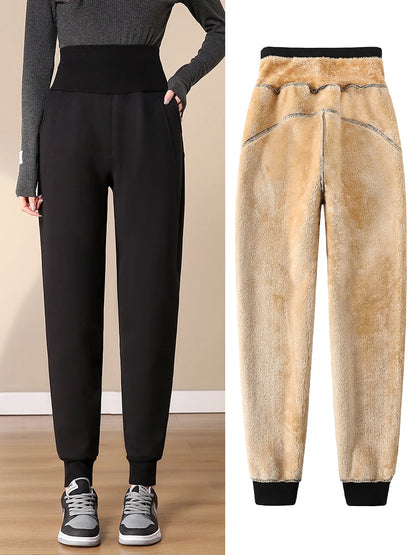 Women Pants Warm Winter Thick Lambskin Cashmere Pants High Waist Black Harem Long Trousers Wool Cold Resistant