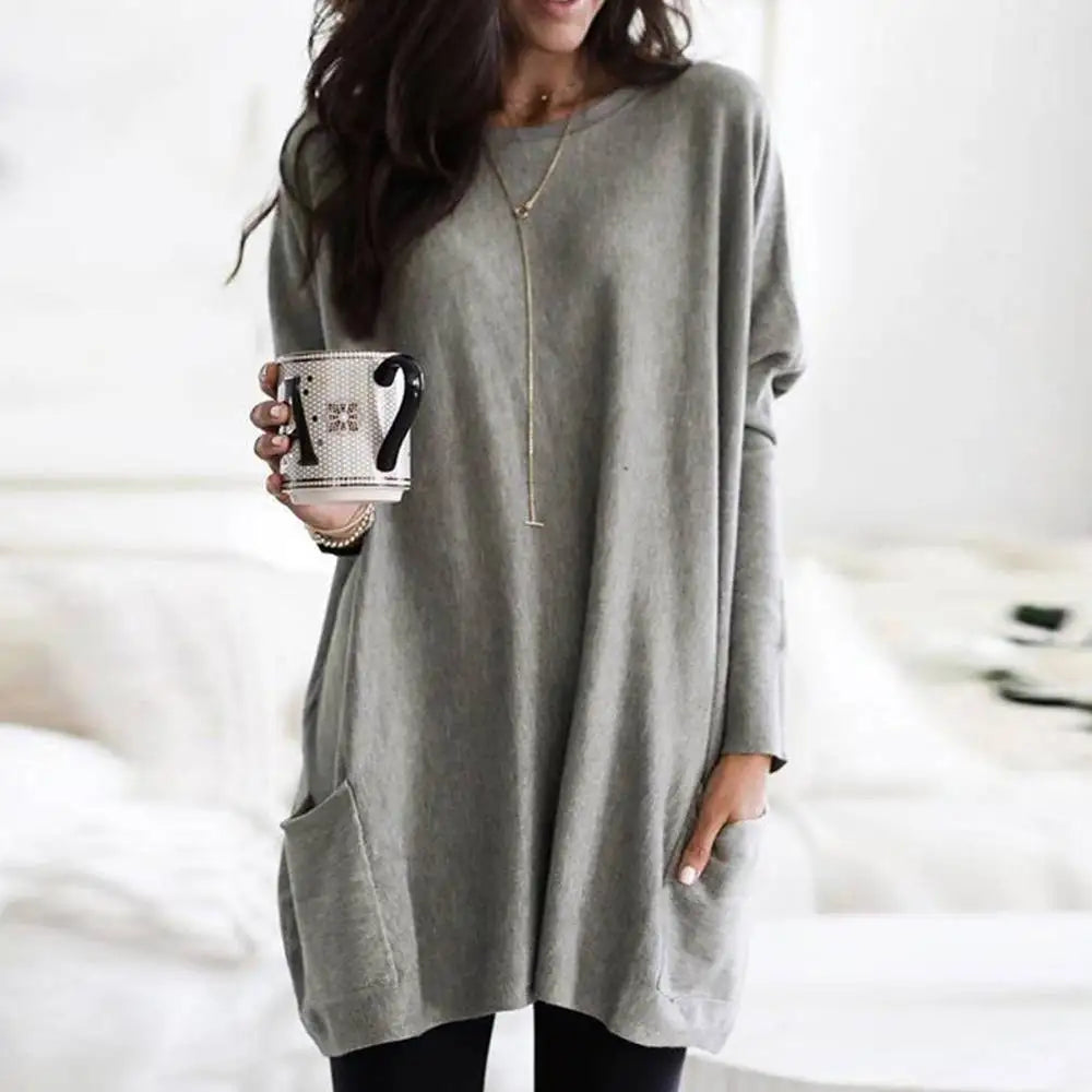 Women‘s Long Sleeve Pocket Tunic Tops Blouse Ladies Casual Loose Jumper Pullover Plus Size Clothing For Female