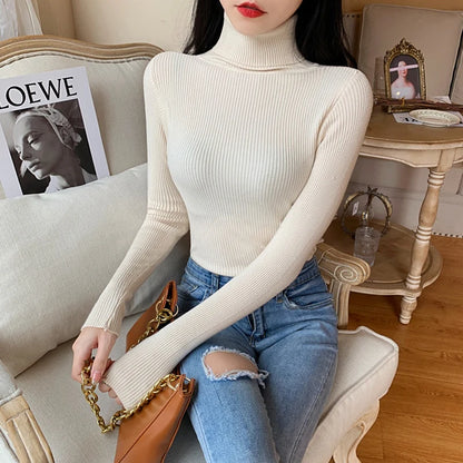 Autumn Winter Women Long Sleeve Knitted Foldover Turtleneck Ribbed Pull Sweater Soft Warm Femme Jumper Pullover Clothes