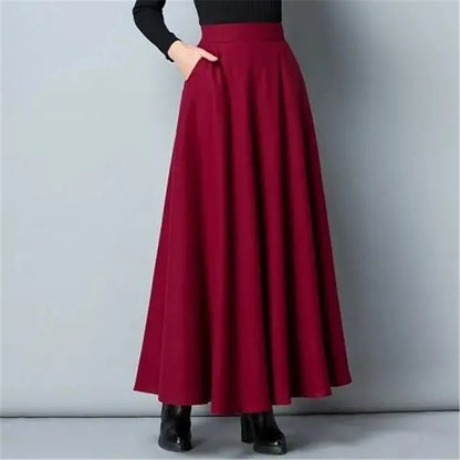 Winter Women Long Woolen Skirt Fashion High Waist Mom Basic Wool Skirt Female Casual Thick Warm Black Elastic A-Line Maxi Skirts