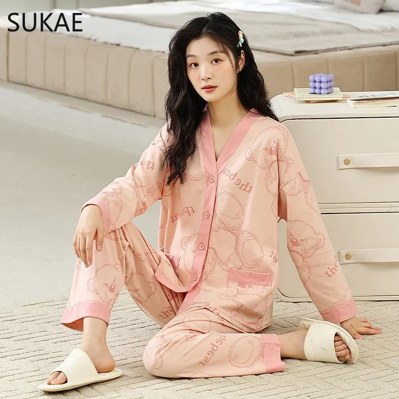 SUKAE New M-5XL Autumn Winter New Cotton Women Pajamas Lady Loungewear Kimono Cardigan Long Sleeves V-neck Homesuit