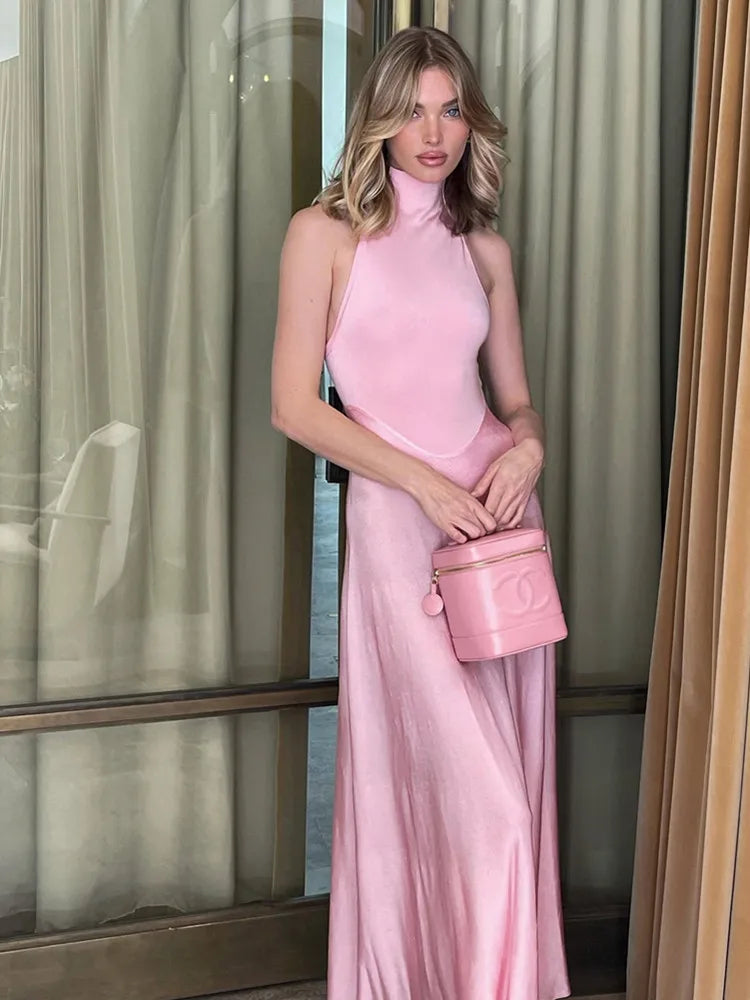 1&Only Women Luxury Light Pink Dress Elegant Sleeveless Turtleneck Patchwork Long Celebrity Evening Party Gowns High Quality Gala Dress