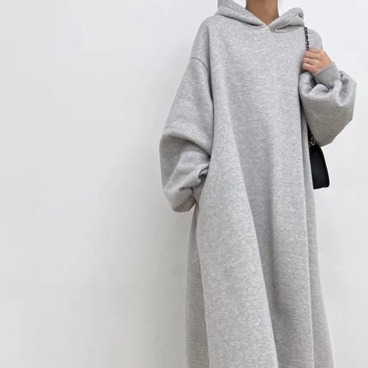 Korean split hoodet for women, gray dress, simple laser style, drawn string hoods, long arm length, autumn and winter