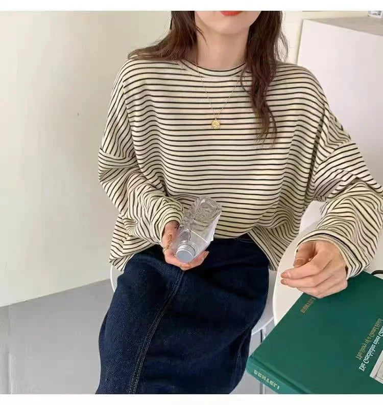 Striped Base Layer Women's T-shirt Loose Fit Long Sleeves Round Neck Autumn New Style Trendy Student Top