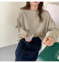 Striped Base Layer Women's T-shirt Loose Fit Long Sleeves Round Neck Autumn New Style Trendy Student Top