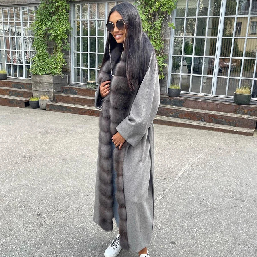 Long Gray Wool Coat Women Real Cashmere Coat Natural Fox Fur Trim 2024 New Style Womens Wool Coat Matching Belt Woolen Jackets