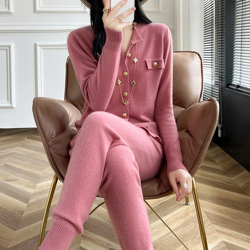 Fashion Two-piece Suit 100% Cashmere Suit Women's Round Neck Cardigan Casual Pants Autumn/Winter New Solid color Female Set