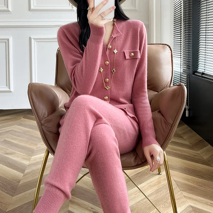 Fashion Two-piece Suit 100% Cashmere Suit Women's Round Neck Cardigan Casual Pants Autumn/Winter New Solid color Female Set