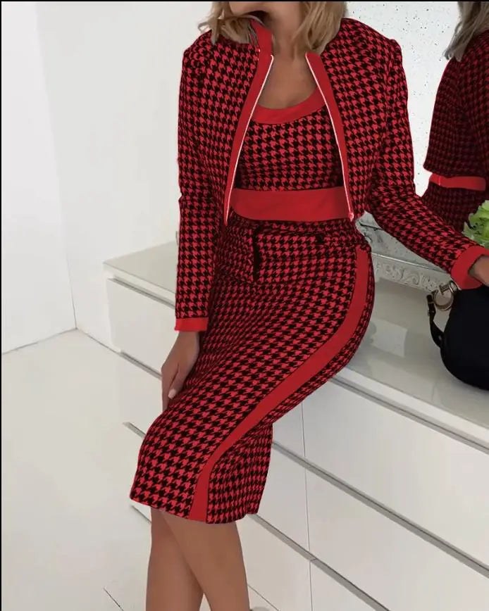 3 Two Piece Set For Women Autumn Winter Spaghetti Top And Skirt Sets Elegant Office Houndstooth Print Dress With Coat Suit