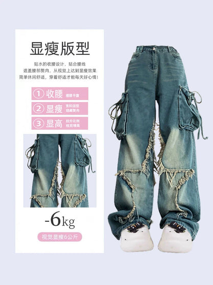 Women Blue Cargo Jeans Baggy Vintage 90s Aesthetic High Waist Cowboy Pants Harajuku Denim Trousers Y2k Trashy 2000s Clothes 2024