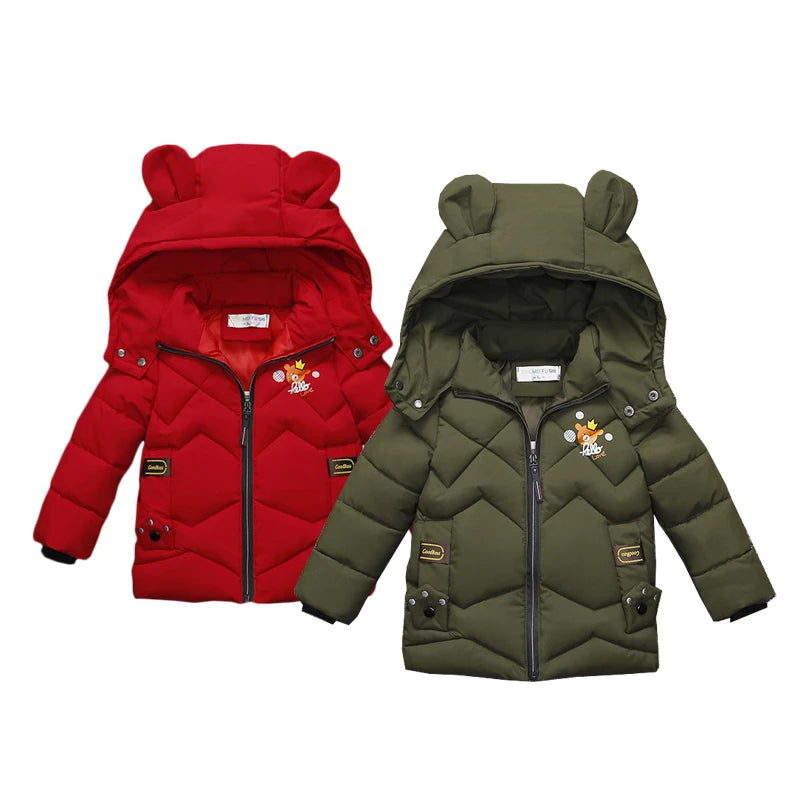 New Autumn Winter Boys Jacket Cute Little Bear Keep Warm Princess Girls Coat Hooded Zipper Fashion Baby Outerwear Kids Clothes