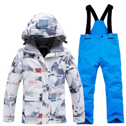 Fashion Printed Skiing Jacket + Bib Pants Snowsuits 2-Piece Boys Girls Hooded Winter Warm Windproof Snowboarding Wear