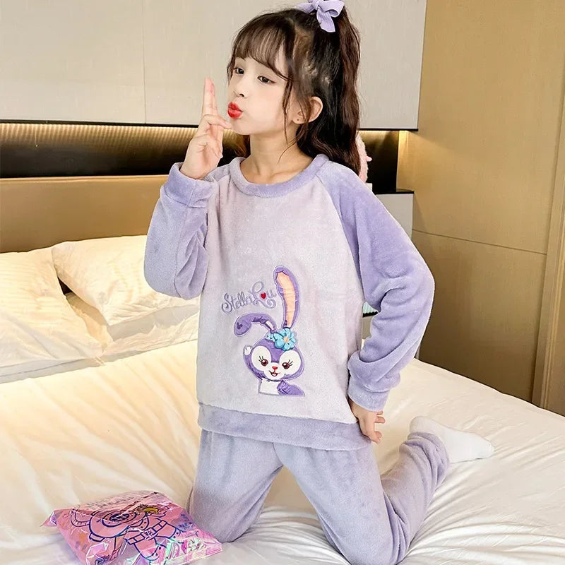 2025 Autumn Winter Flannel Children Pajama Sets Miniso Anime Cartoon Boy Girl Warm Sleepwear Cute Pijama Kids Homewear Clothes