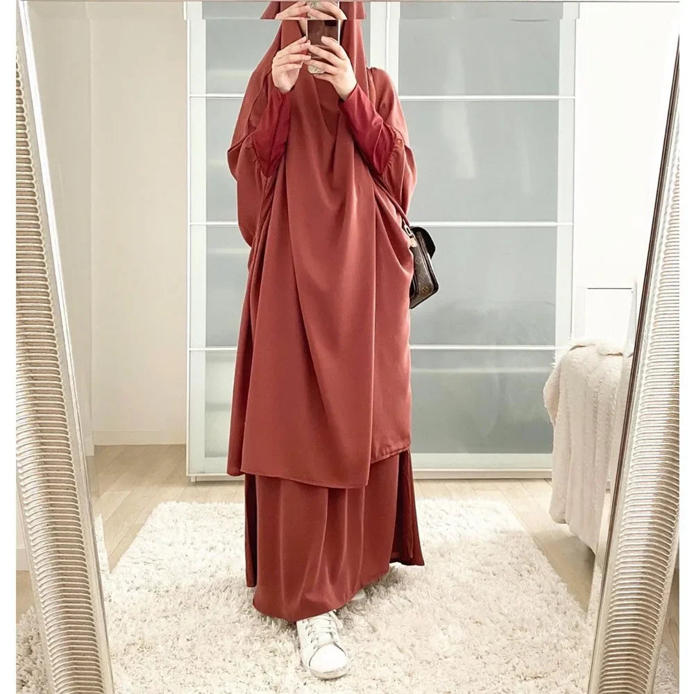 Muslim Sets Two Pieces Eid Hooded Long Sleeve Hijab Prayer Clothing Maxi Skirts Elastic Waist Women Dresses Abaya Ramadan Robes