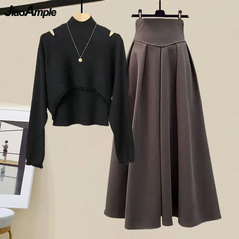 2025 Spring Autumn New Korean Elegant Knit Tassel Cover Up+Half High Collar Bottom Sweater+Midi Skirt 3 Piece Women Dress Suit