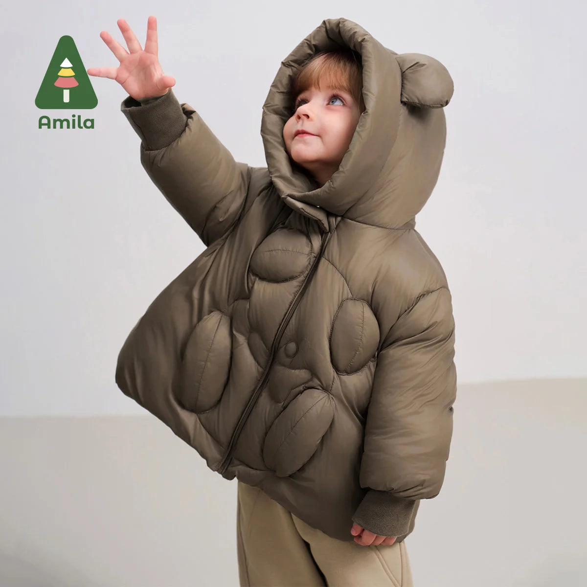 Amila Baby Down Jacket 2025 Winter New Style Boys And Girls Solid Color Bear Hooded Basic Warm Loose Casual Children’s Jacket