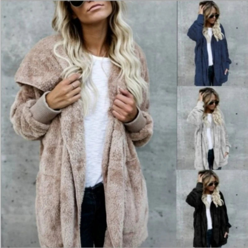 Autumn Winter Double Fleece Cardigan Jacket Women Solid Color Long Sleeve Plush Warm Hooded Lady Jacket Oversized Outerwear Coat