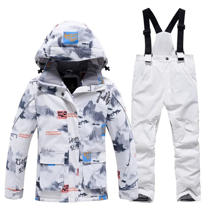 Fashion Printed Skiing Jacket + Bib Pants Snowsuits 2-Piece Boys Girls Hooded Winter Warm Windproof Snowboarding Wear