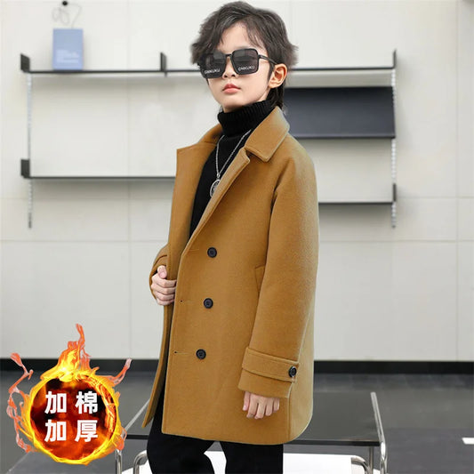 Boys Woolen Coat Overcoat Jacket Windbreak Black Warm Plus Thicken Autumn Winter Cotton School Children's Clothing