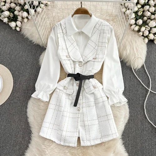 Neploe Y2k Set Women 2 Pieces Turn Down Collar Long Sleeve Single-breasted Top Suit+plaid Sleeveless Belt Slim Vest Outfits