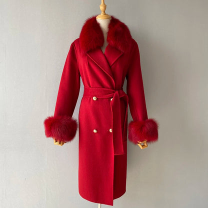 Women's Cashmere Wool Coat Spring Real Fox Fur Collar Woolen Trench Jacket Winter Adjustable Waist Slim Ladies Long Overcoat