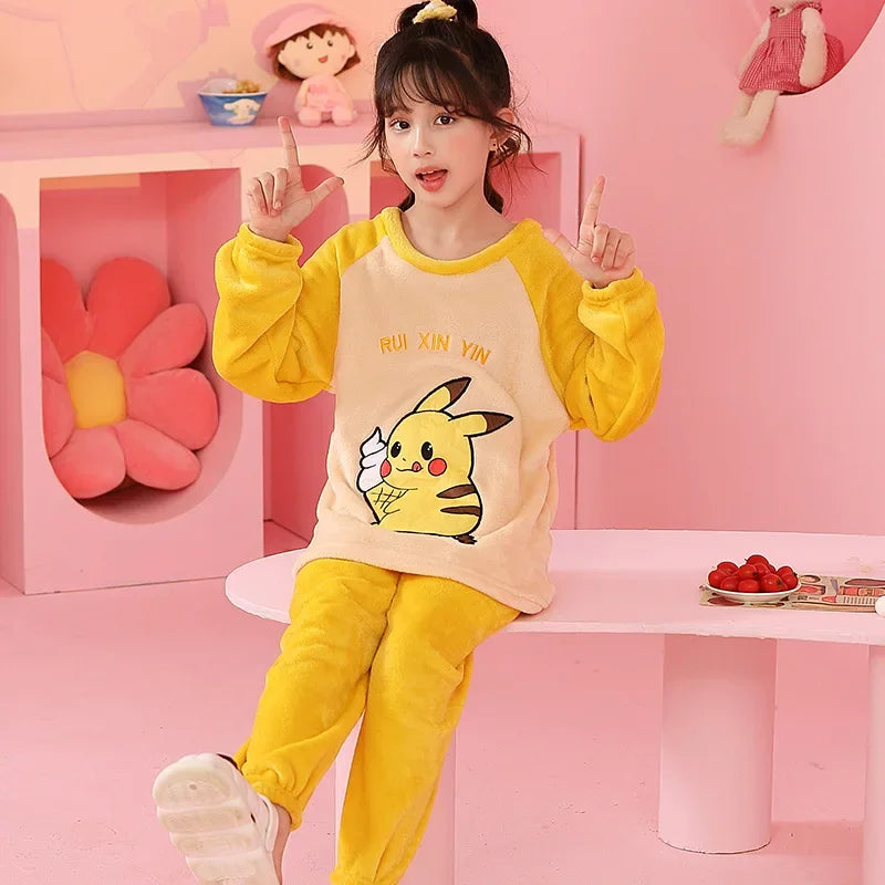 Miniso 2025 Winter Pajamas Sets Children Flannel Warm Sleepwear Kawaii Anime Cartoon Boy Girl Pijama Suit Autumn Kids Loungewear