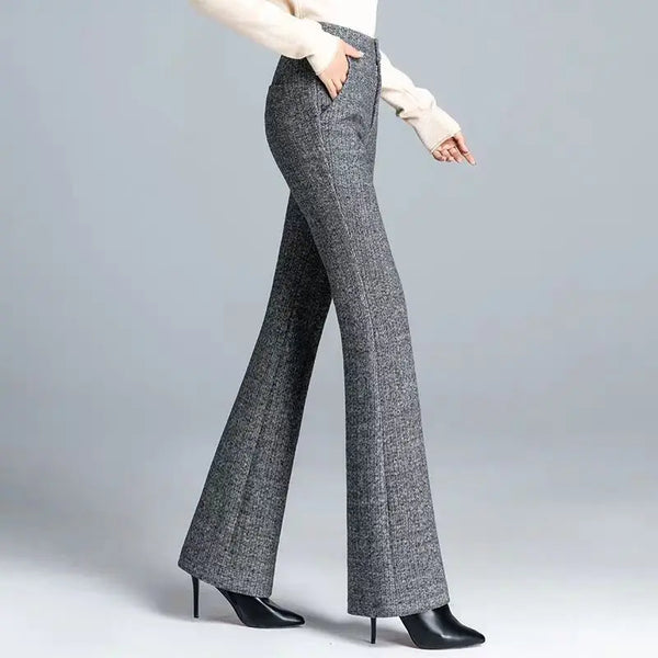 Office Lady Fashion Thicken Wool Flare Pants Autumn Winter New Korean Slim High Waist Wide Leg Women Solid Casual Suits Trousers