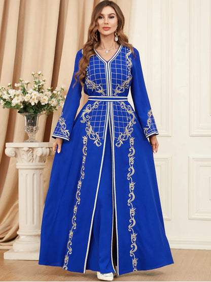 Elegant Autumn Arabic Maxi Dress for Women Abaya Caftan A-line Party Dresses 2 Piece Set Kimono Saudi Dubai Kaftan