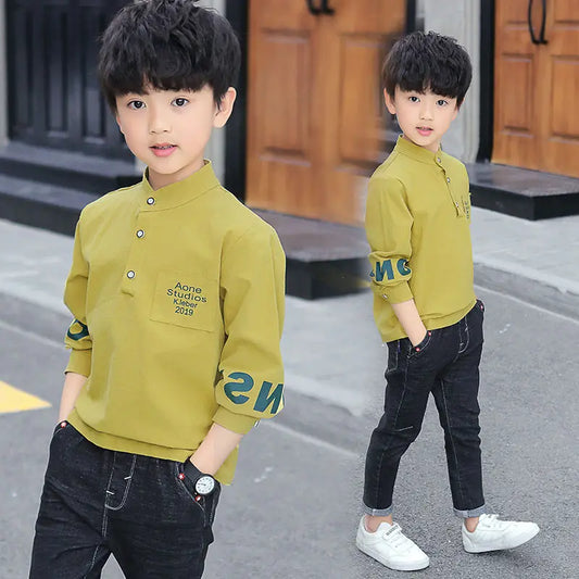 Spring Autumn Fashion Letter Y2K Boy's Shirt Cotton Long Sleeve Kids Pullover Trend Children's Clothing Kawaii Blouses Cute Tops