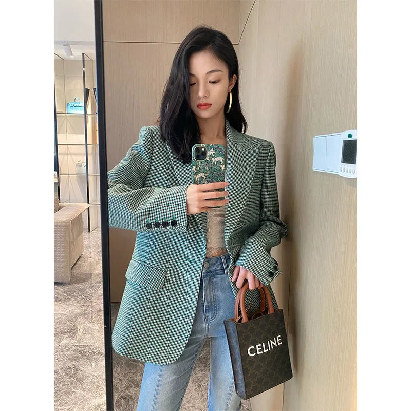 Autumn real shot new spot classic green plaid cashmere suit shorts two-piece set