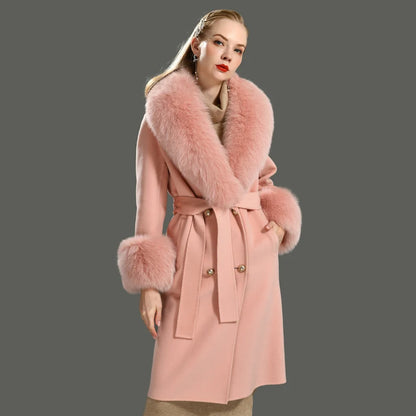 Women's Cashmere Wool Coat Spring Real Fox Fur Collar Woolen Trench Jacket Winter Adjustable Waist Slim Ladies Long Overcoat